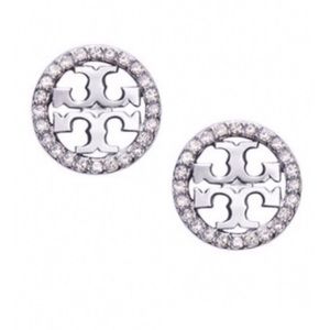 TORY BURCH • Silver Crystal Circle Logo Earrings